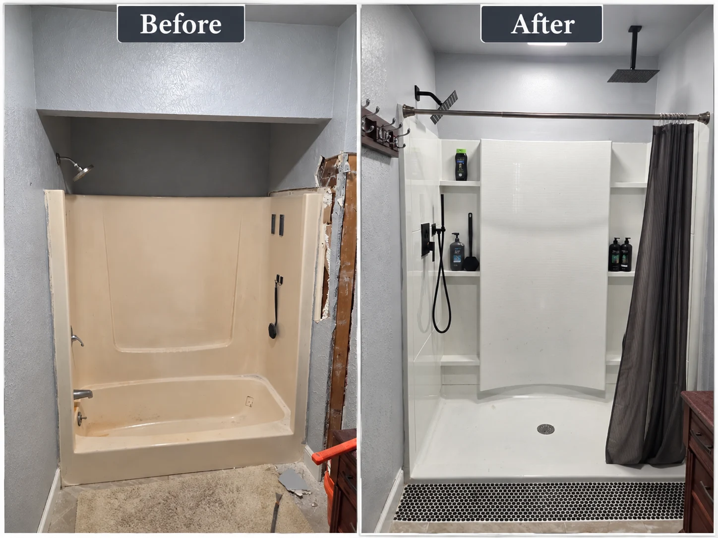 PHX Designs actual before and after bathroom renovation including shower replacement