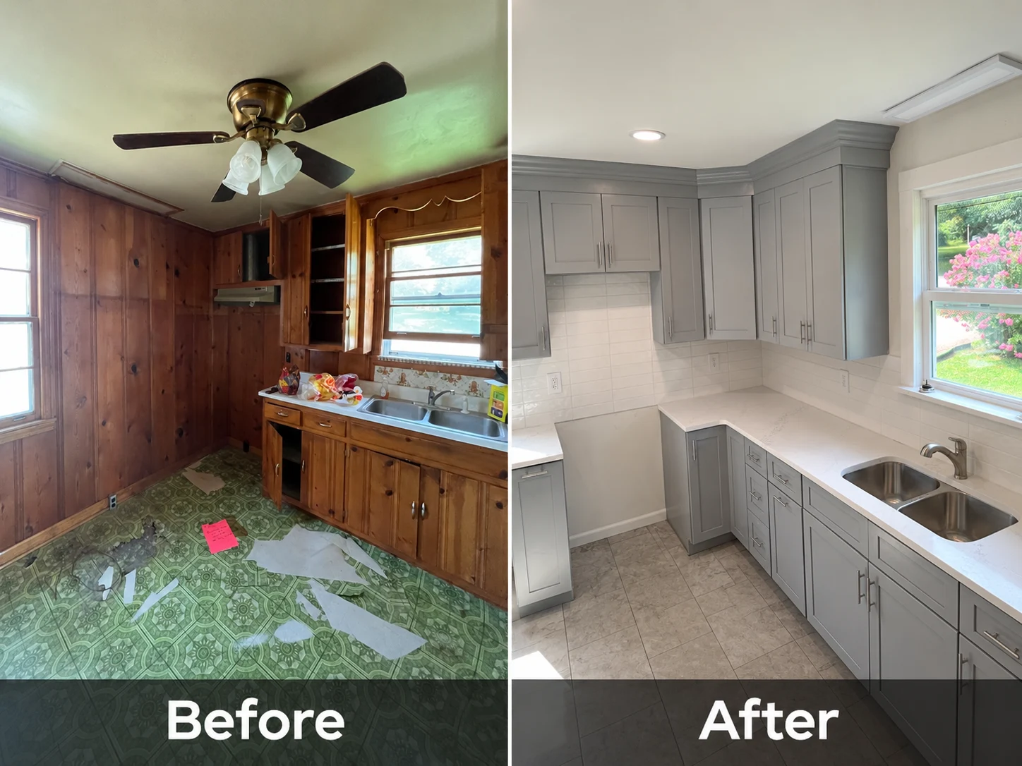 PHX Designs actual before and after kitchen remodel with updated cabinetry and countertops